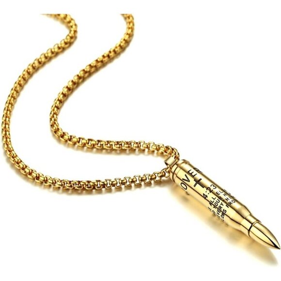 BIBLE verse proverb gold stainless steel 22" chain cross bullet pendant necklace - Picture 1 of 7